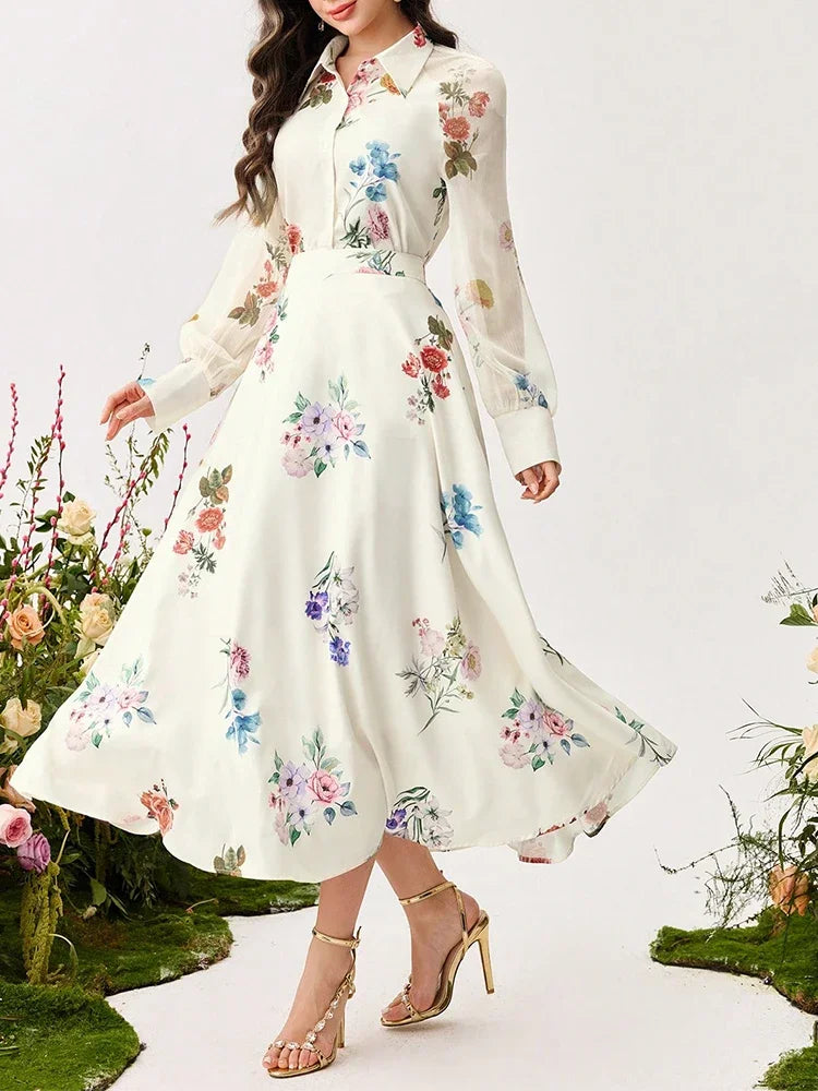 拉菲亞精品女裝夏季兩件式數位印花裙女圖案設計套裝長袖襯衫