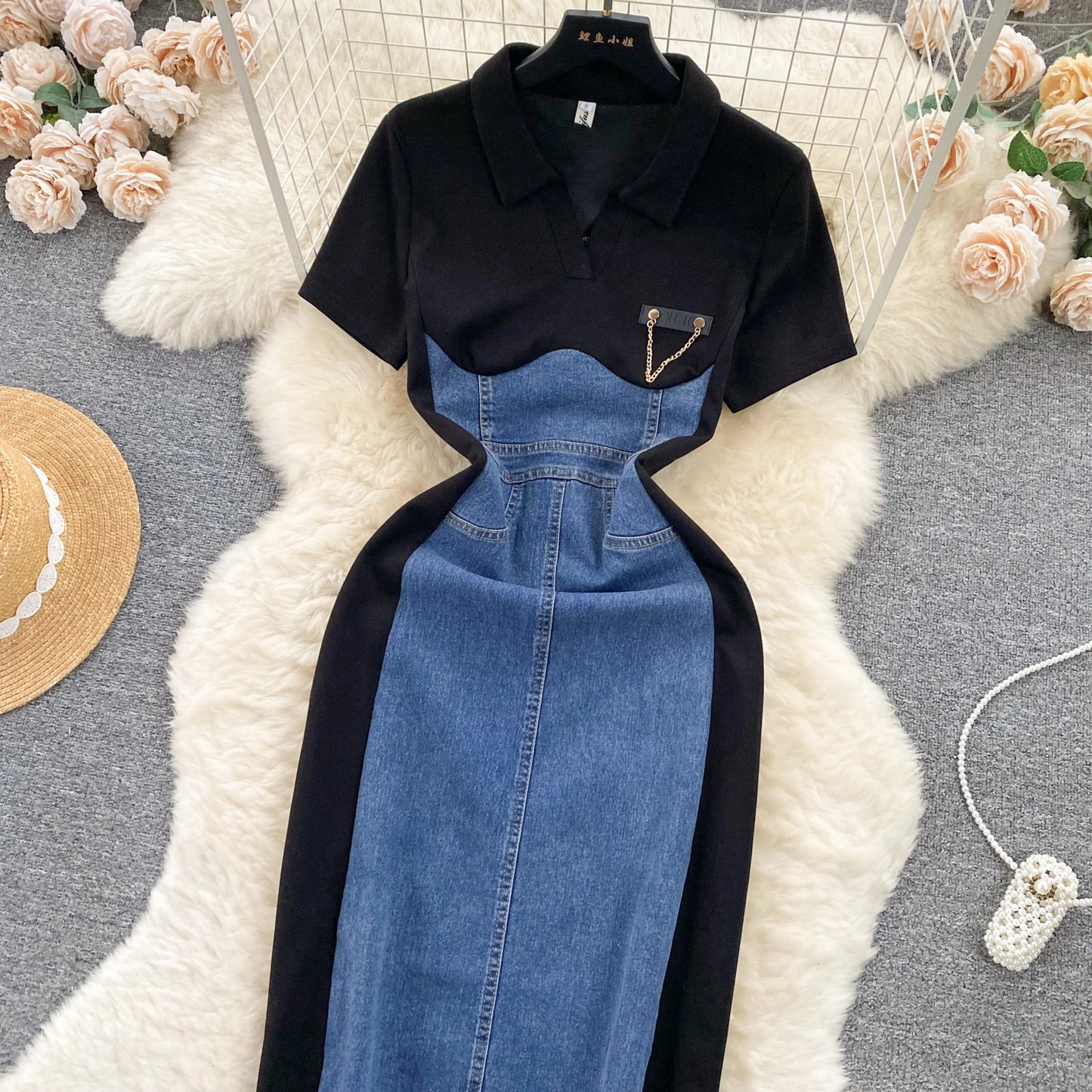 High Waist Bodycon Vestidos Mujer Women 2025 Dresses Contrast Fake Two Piece Dress Casual Fashion Vestido Temperament Robes