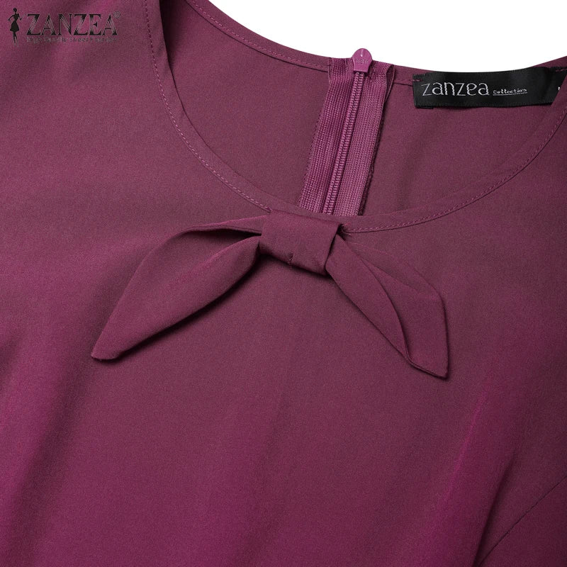 ZANZEA Short Sleeve Korean Fashion Party Dress Elegant Solid Waist-Cinched Pleated A-line Robes Women O Neck Knee-length Dress