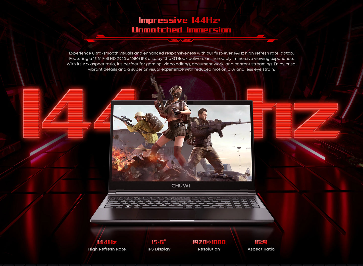 CHUWI GTBook Laptop Intel i5-12450H RTX 3050 15.6 Inch 144Hz 16GB DDR4 512GB SSD Windows 11 Pro WIFI 6 M.2 Up To 1T RJ45*1