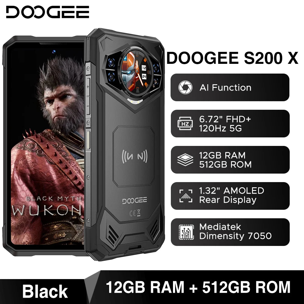 Doogee S200 X 5g Rugged Phone 12+512Gb Smartphone 6.72” Fhd+120Hz Ips Screen Dimensity 7050 10100Mah Battery Ai Mobilephones