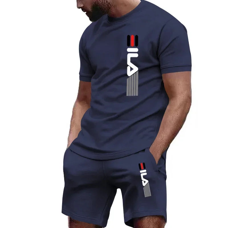 男士套裝：優質防曬棉超舒適夏季透氣短袖T卹+休閒慢跑短褲2件套男