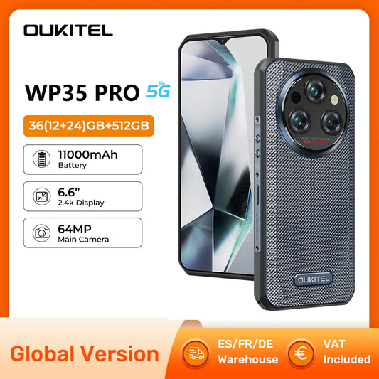 Oukitel WP35 PRO 5G Rugged Smartphone 11000mAh MediaTek Dimensity 6300 36GB 512GB 6.6" 2.4K Display 64MP Camera 33W Cell Phone