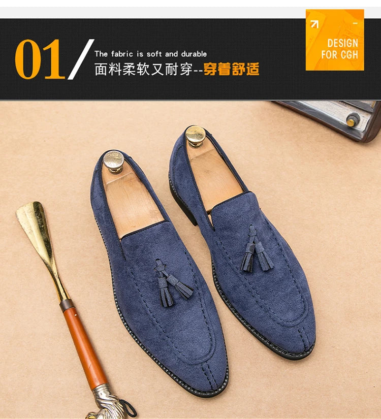 Brand Design Men Suede Leather Shoes Moccasins Purple Tassel Pointed Men's Loafers Vintage Slip-on Casual Men Social Dress Shoe