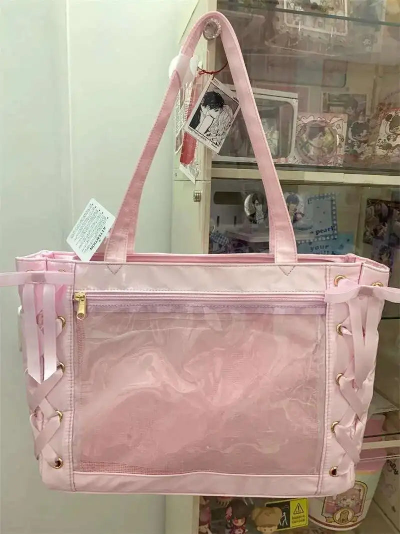 Japanese Sweet Women Ribbon Ita Bag Cute Lolita Girl Transparent Handbags Fashion Large Capacity Tote Bag Aesthetic Shoulder Bag