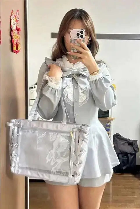 Japanese Sweet Women Ribbon Ita Bag Cute Lolita Girl Transparent Handbags Fashion Large Capacity Tote Bag Aesthetic Shoulder Bag