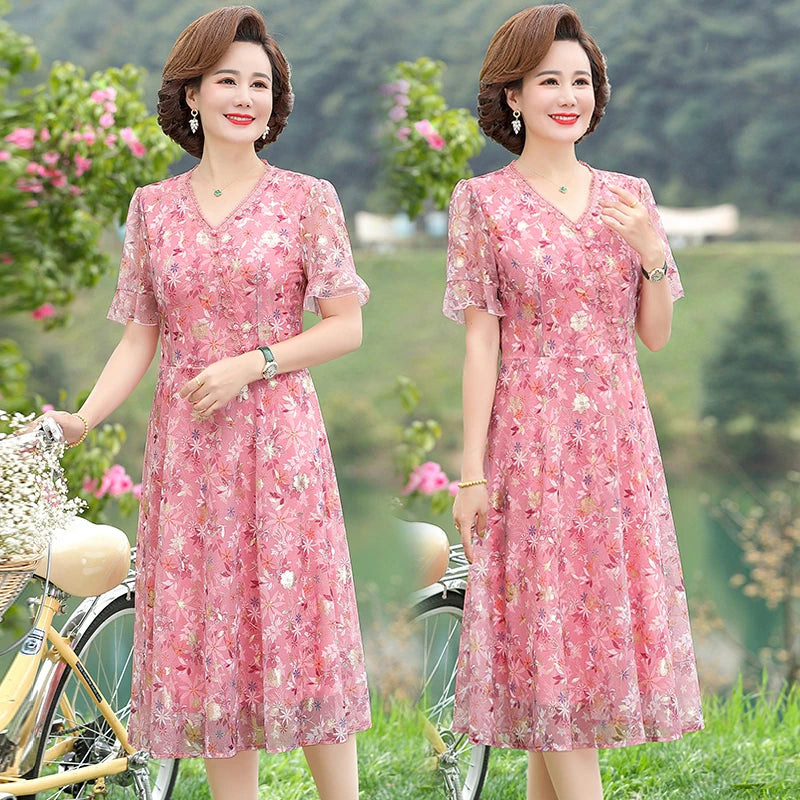 Women Summer Casual Dress Ladies Middle-aged Print Short Sleeve Pleated Dresses Female Vintage V-neck Vestidos
