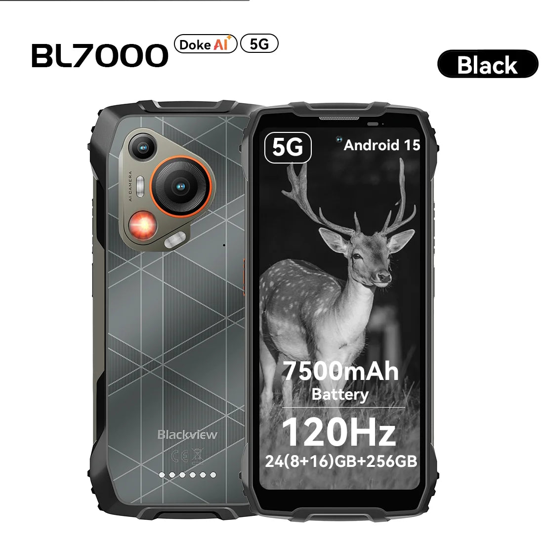 BLACKVIEW BL7000 5G AI Rugged Phone Deepseek GPT Android 15 Smartphone, 6.78" HD+2.4K Display 120Hz, 24(8+16)GB 256GB, 7500Amh