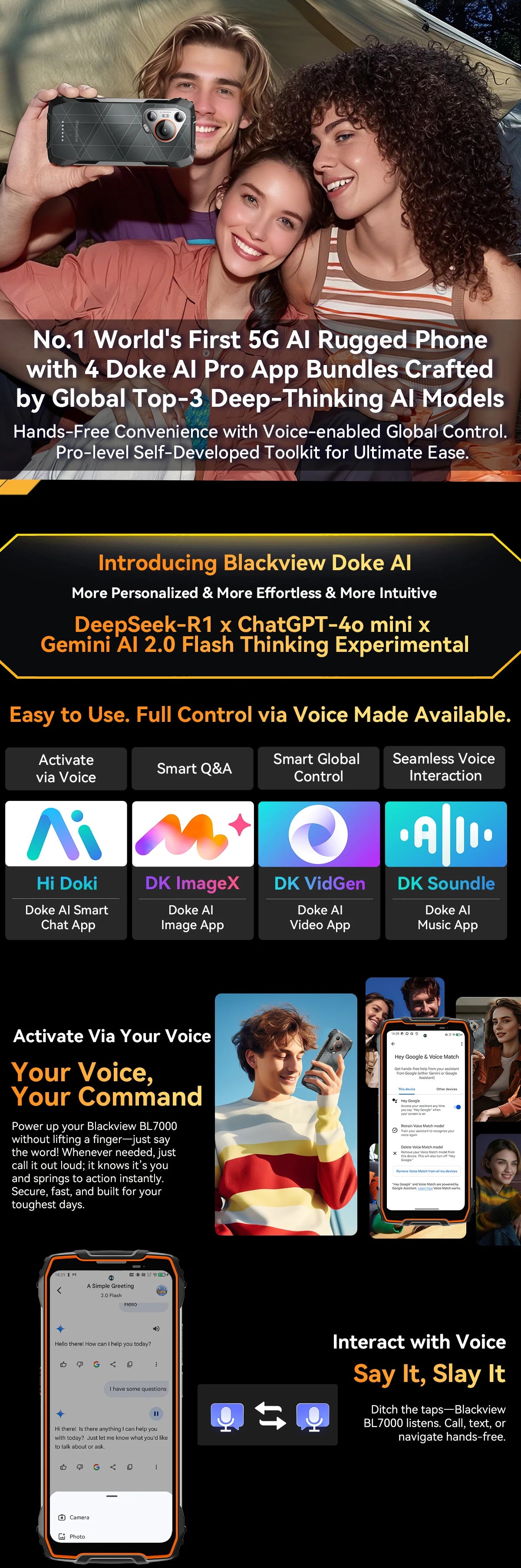 BLACKVIEW BL7000 5G AI Rugged Phone Deepseek GPT Android 15 Smartphone, 6.78" HD+2.4K Display 120Hz, 24(8+16)GB 256GB, 7500Amh