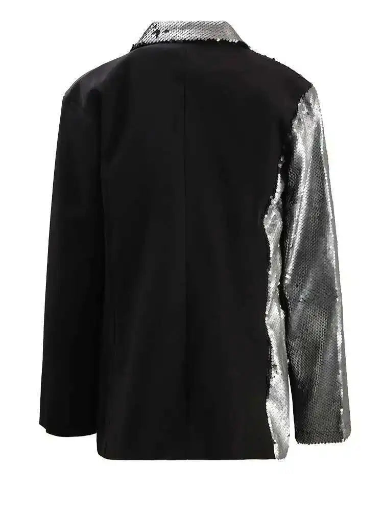 EAM Black Color-block Sequins Big Size Blazer Women New Lapel Long Sleeve Jacket Fashion Tide Spring Autumn 2025 CPG1490