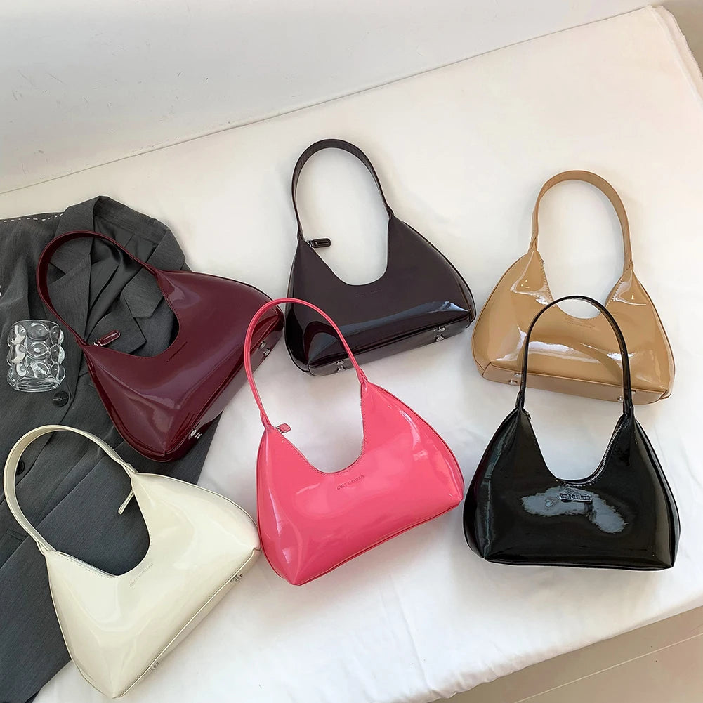 Women Patent Leather Tote Bag Versatile Fashion Shoulder Bag Casual Satchel Hobo Bag Underarm Bag Girl Zipper Small Handbags
