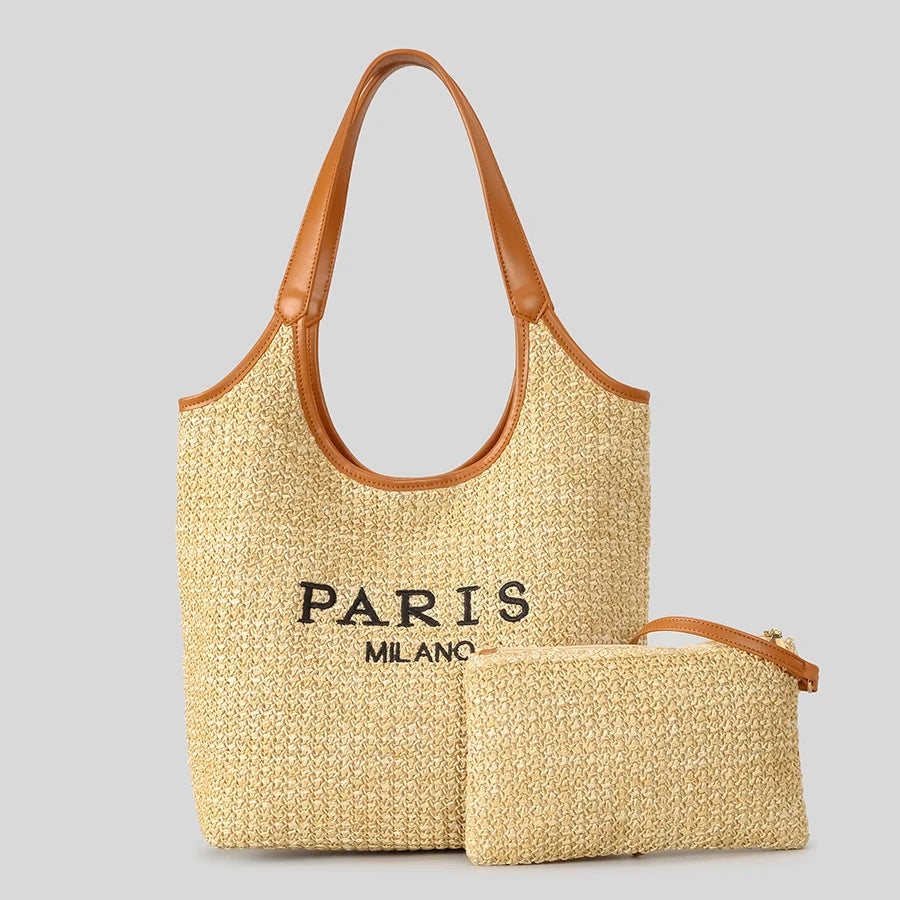 Fashion Letters Pp Straw Women Shoulder Bags Casaul Hobos Woven Handbags Summer Beach Large Capacity Tote Bag Big Shopper Purses