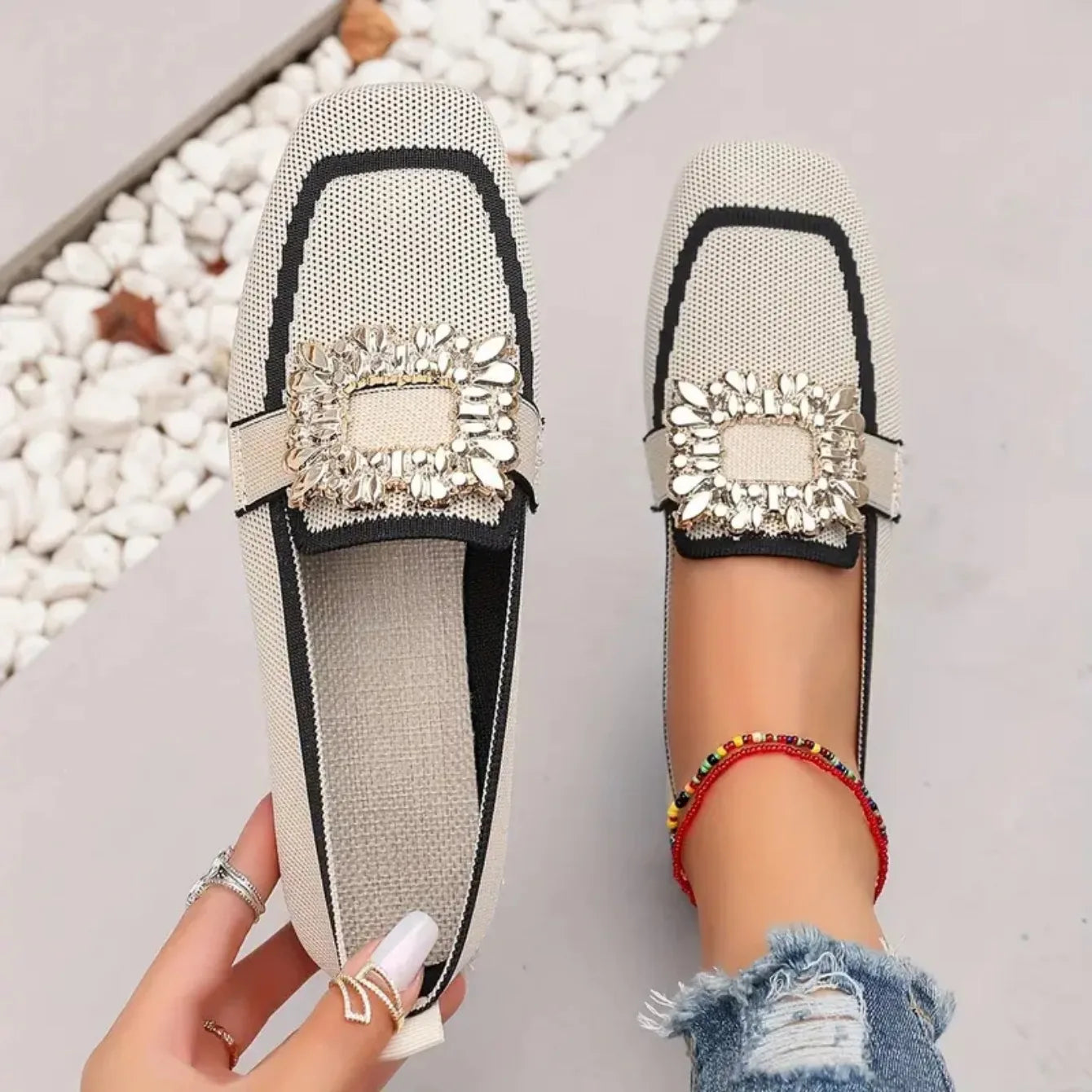 Women Flats Spring 2025 New Large Size Flat Loafers Shoes Women Knitting Slip-on Square Head Breathable Fashion Shoes for Women