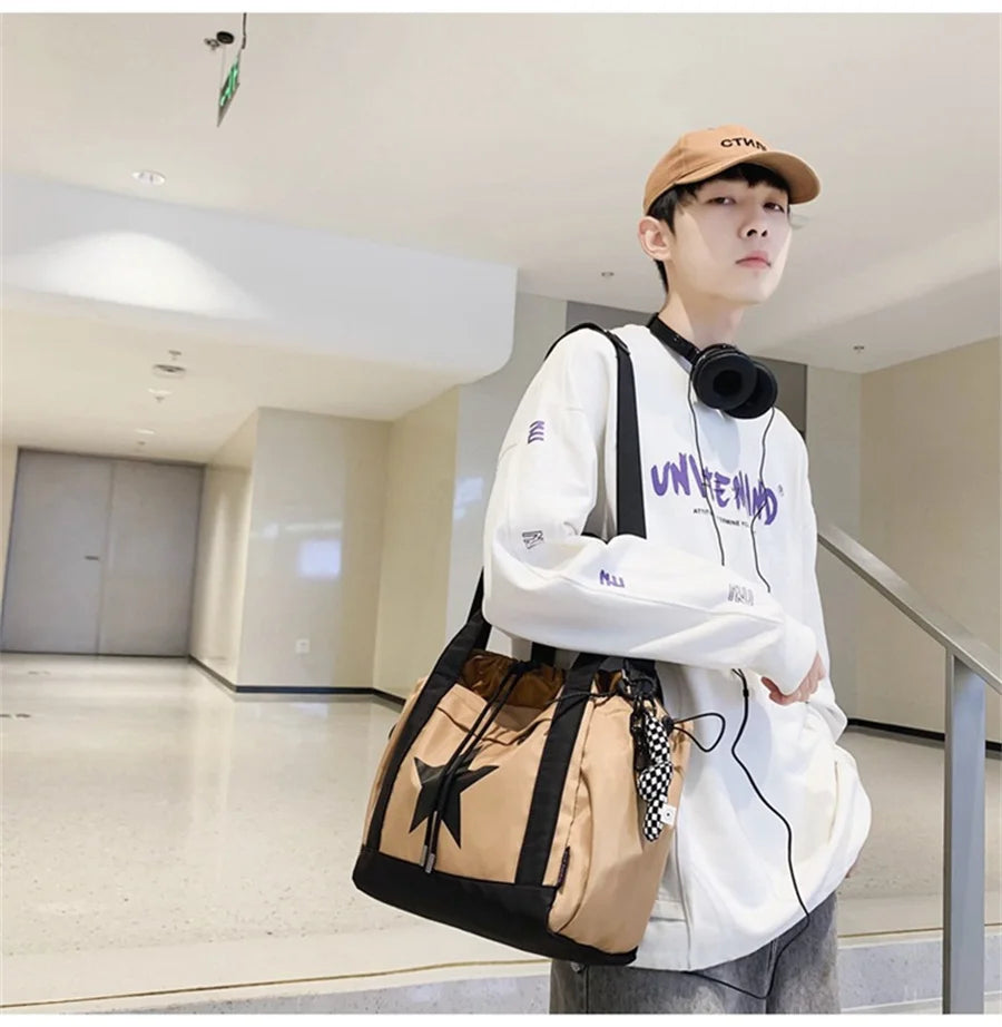 Personality Women Crossbody Bag Y2K Style Large Capacity Couple Shoulder Bag New Casual Nylon Tote Bag Luxury Drawstring Handbag