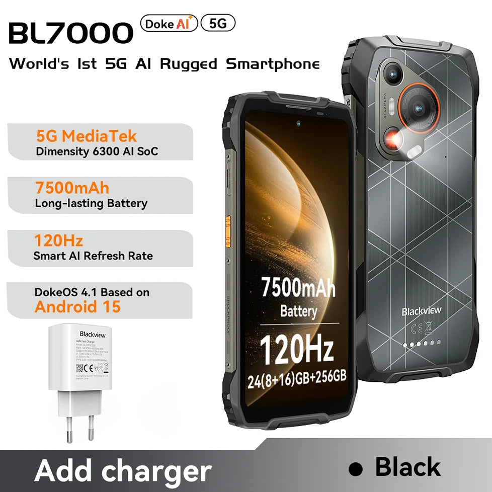 BLACKVIEW BL7000 5G AI Rugged Phone Deepseek GPT Android 15 Smartphone, 6.78" HD+2.4K Display 120Hz, 24(8+16)GB 256GB, 7500Amh