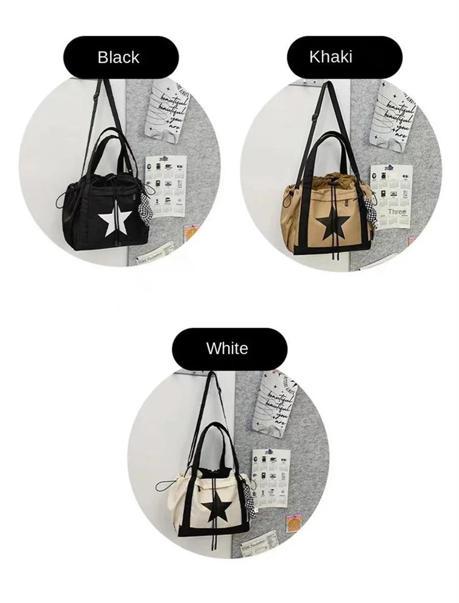 Personality Women Crossbody Bag Y2K Style Large Capacity Couple Shoulder Bag New Casual Nylon Tote Bag Luxury Drawstring Handbag