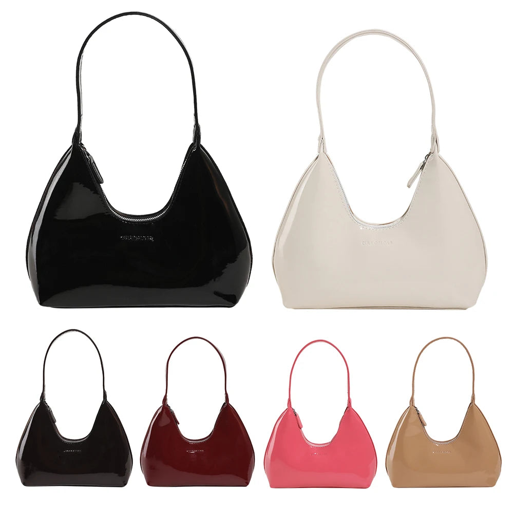 Women Patent Leather Tote Bag Versatile Fashion Shoulder Bag Casual Satchel Hobo Bag Underarm Bag Girl Zipper Small Handbags