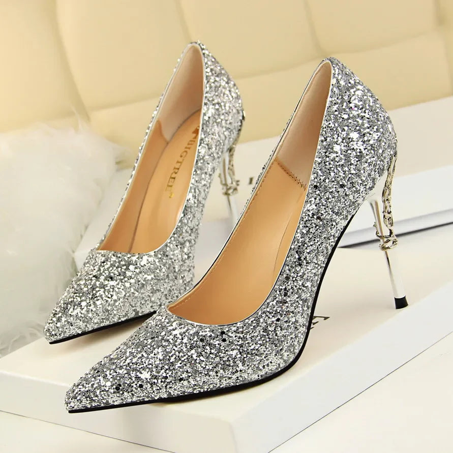 Women 9.5cm High Heels Pumps Lady Wedding Bridal Gold Silver Stiletto Heels Nightclub Event Party Sparkly Sequins Bling Shoes