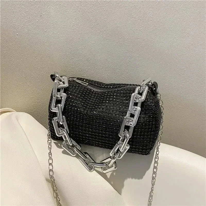 Allover Rhinestone Bucket Bag, Glitter Chain Prom Purse, Women's Mini Crossbody Bag