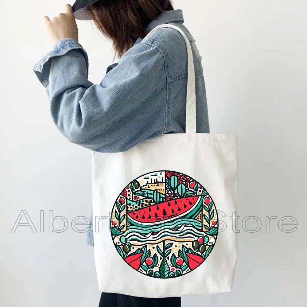 Peace Gifts Al Aqsa Keffiyeh Canvas Tote Bags Olive Tree Jerusalem Dome of The Rock Shopping Fashion Shoulder Organizer Handbag