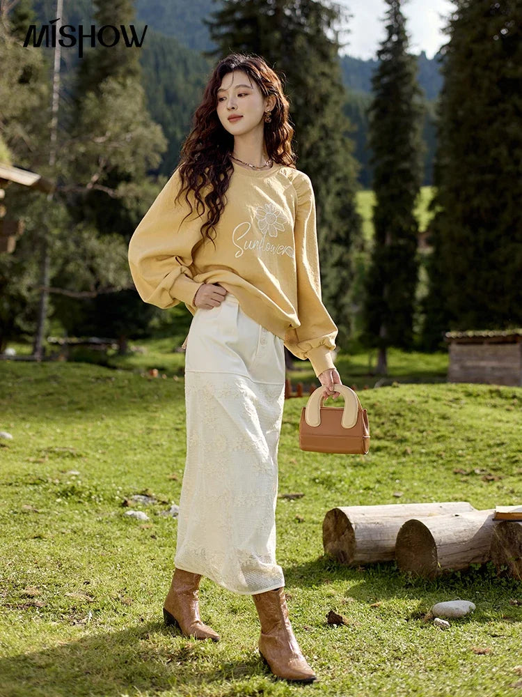 MISHOW Lace Embroidery Patchwork Fake Two-piece Skirt for Women 2024 Versatile Slim A-line Skirt Elegant Ruffle Skirt MPD42B0476