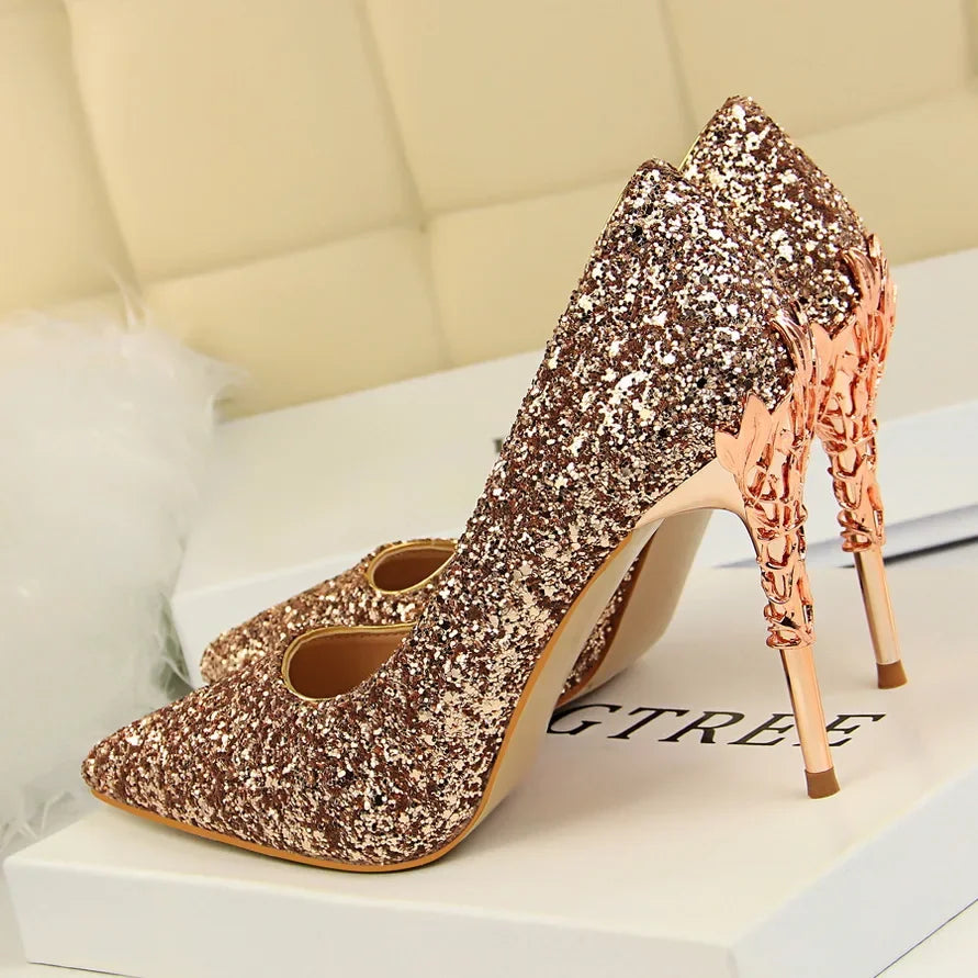Women 9.5cm High Heels Pumps Lady Wedding Bridal Gold Silver Stiletto Heels Nightclub Event Party Sparkly Sequins Bling Shoes