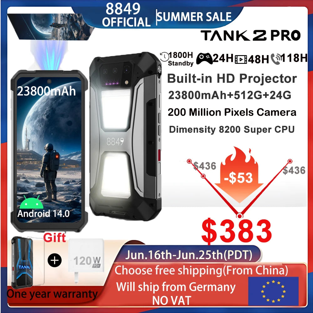 8849 Tank 2 PRO Unihertz Rugged Smartphone 24GB 512GB 100MP Rear Camera 23800mAh 120W Android 14 Dual Sim NFC OTG Cell Phone