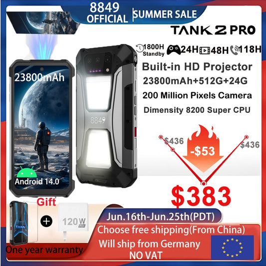 8849 Tank 2 PRO Unihertz Rugged Smartphone 24GB 512GB 100MP Rear Camera 23800mAh 120W Android 14 Dual Sim NFC OTG Cell Phone