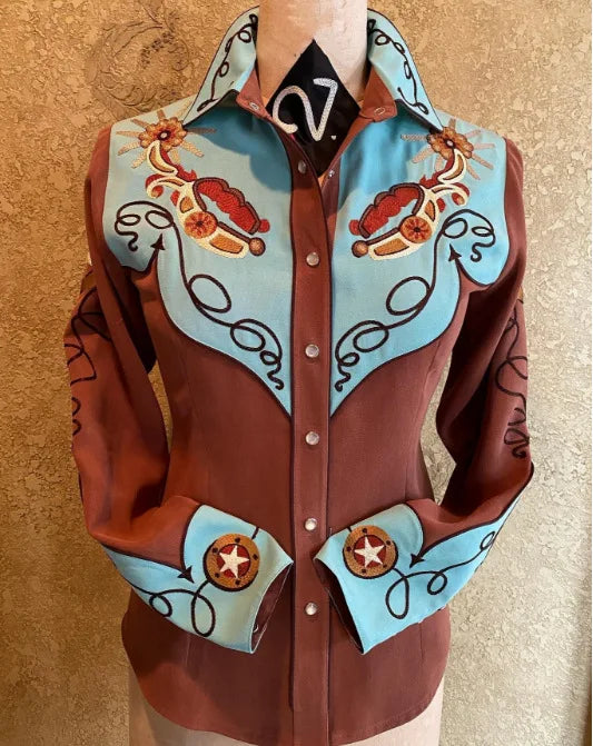 Women Vintage Print Long Sleeve Button Down Slim Shirt 2024 Spring Lady Retro Blouse Tops