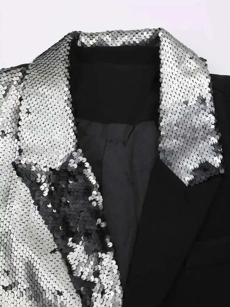 EAM Black Color-block Sequins Big Size Blazer Women New Lapel Long Sleeve Jacket Fashion Tide Spring Autumn 2025 CPG1490