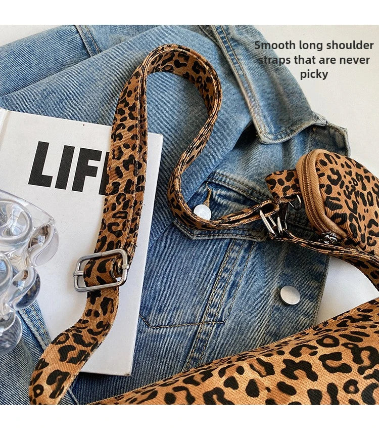 Korean Version Niche Leopard Print Canvas Armpit Bag for Women New Trendy Fashion Shoulder Bag Commuting Versatile Pillow Bag