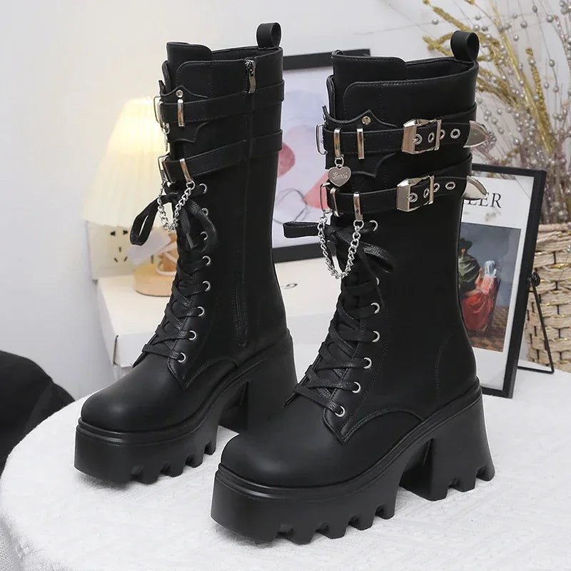Autumn Women Punk Style Platform Mid-calf Boots Thick Sole Leather Motorcycle Boots 9CM Chunky Metal Buckle Short Boots Woman