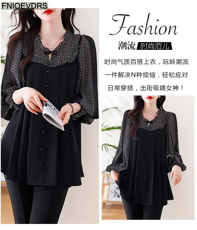 Loose Clothes Women 2024 Autumn Elegant Office Lady Casual Button Shirts Fake Two Piece Retro Vintage Bling Tops Blouses