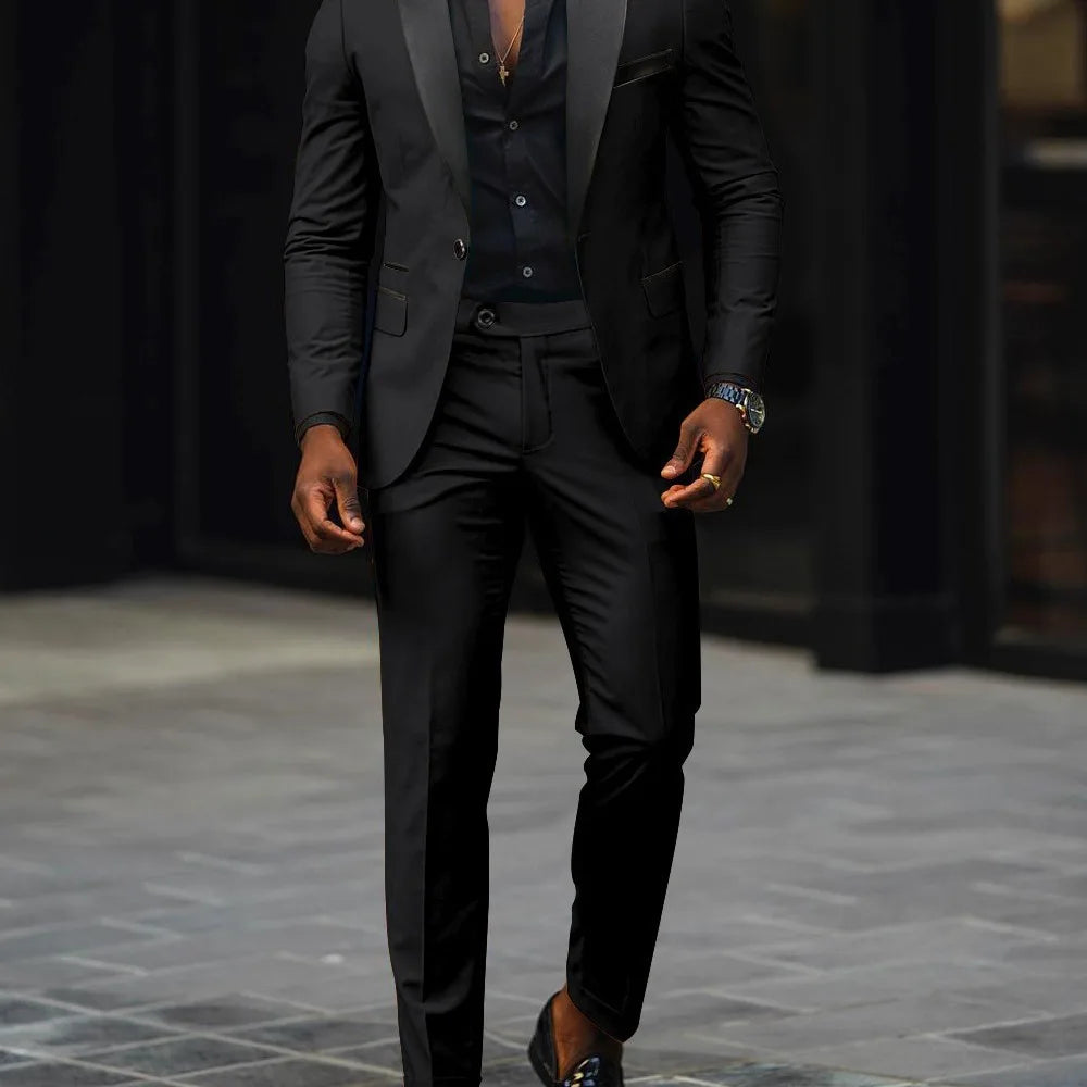 男士新款時尚商務休閒兩件式舒適透氣修身側開叉單扣西裝外套+褲子