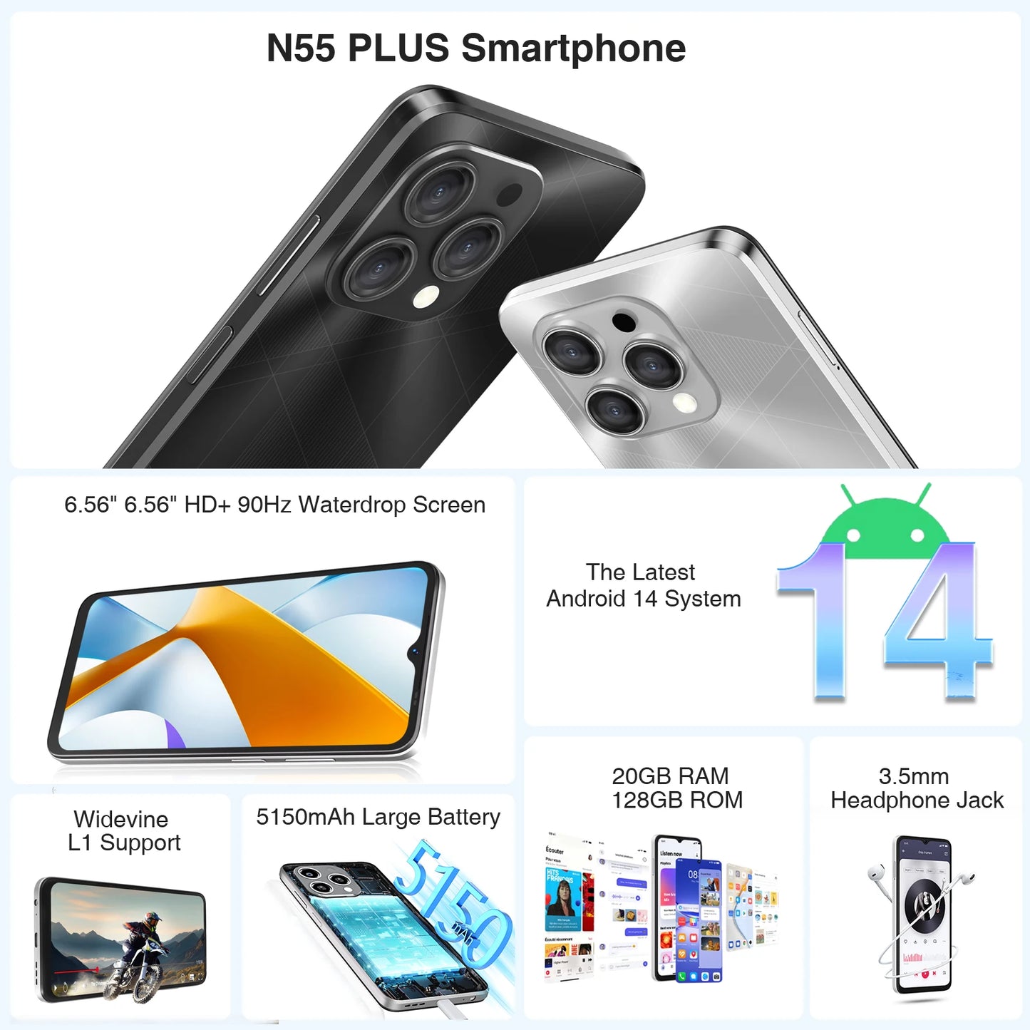 Doogee N55 Plus Smartphone 6.56" 90Hz Ips 8Gb Ram + 128Gb Rom 5150Mah Battery Android 14 Cell Phone Face Unlock Widevine L1