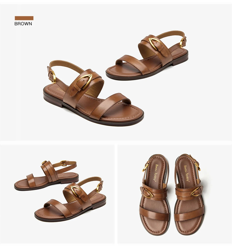 BEAUTODAY Flat Sandals Genuine Leather Metal Buckle Decro Slingback Low Heel Summer Retro Ladies Shoes 32426
