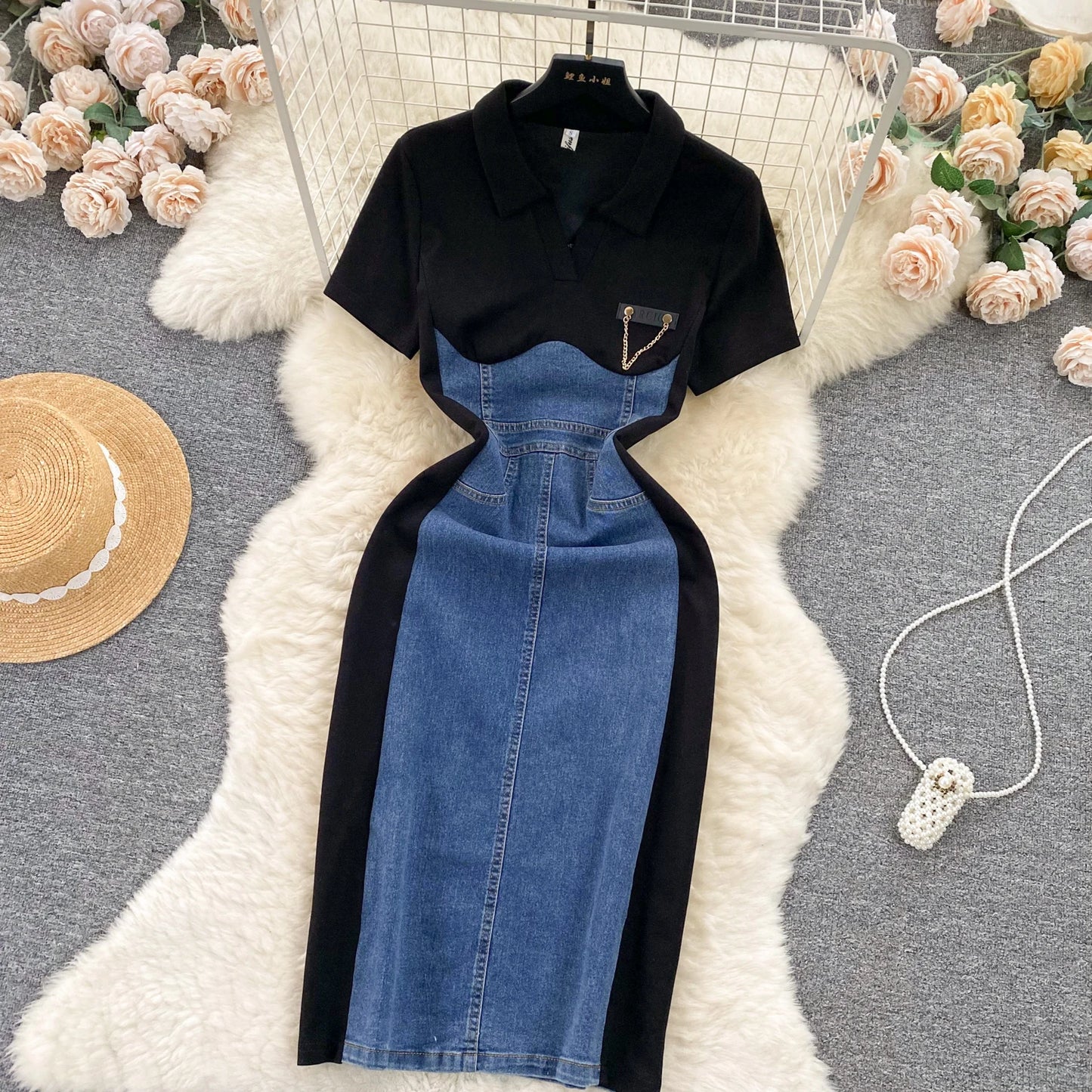 High Waist Bodycon Vestidos Mujer Women 2025 Dresses Contrast Fake Two Piece Dress Casual Fashion Vestido Temperament Robes