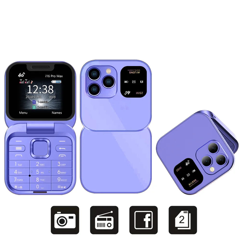 Téléphone portable pliable SERVO i16 Pro Max 4G 2025, mini, numérotation rapide, liste noire, lampe de poche, enregistrement des appels, 2 cartes SIM, petit format