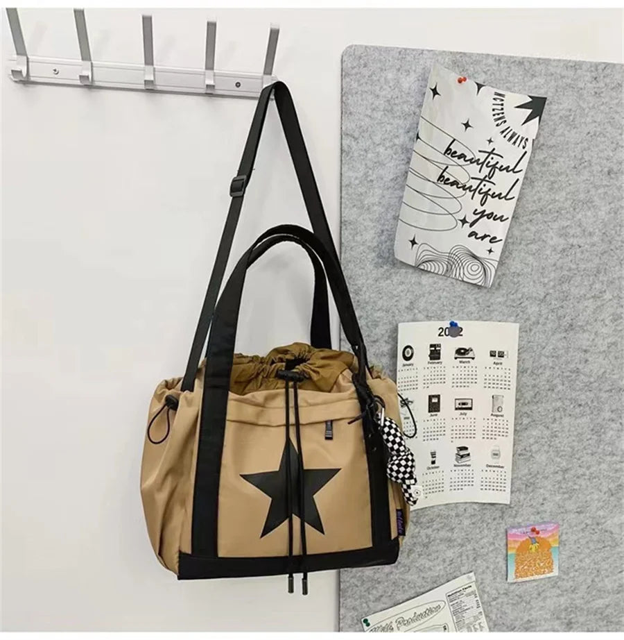 Personality Women Crossbody Bag Y2K Style Large Capacity Couple Shoulder Bag New Casual Nylon Tote Bag Luxury Drawstring Handbag
