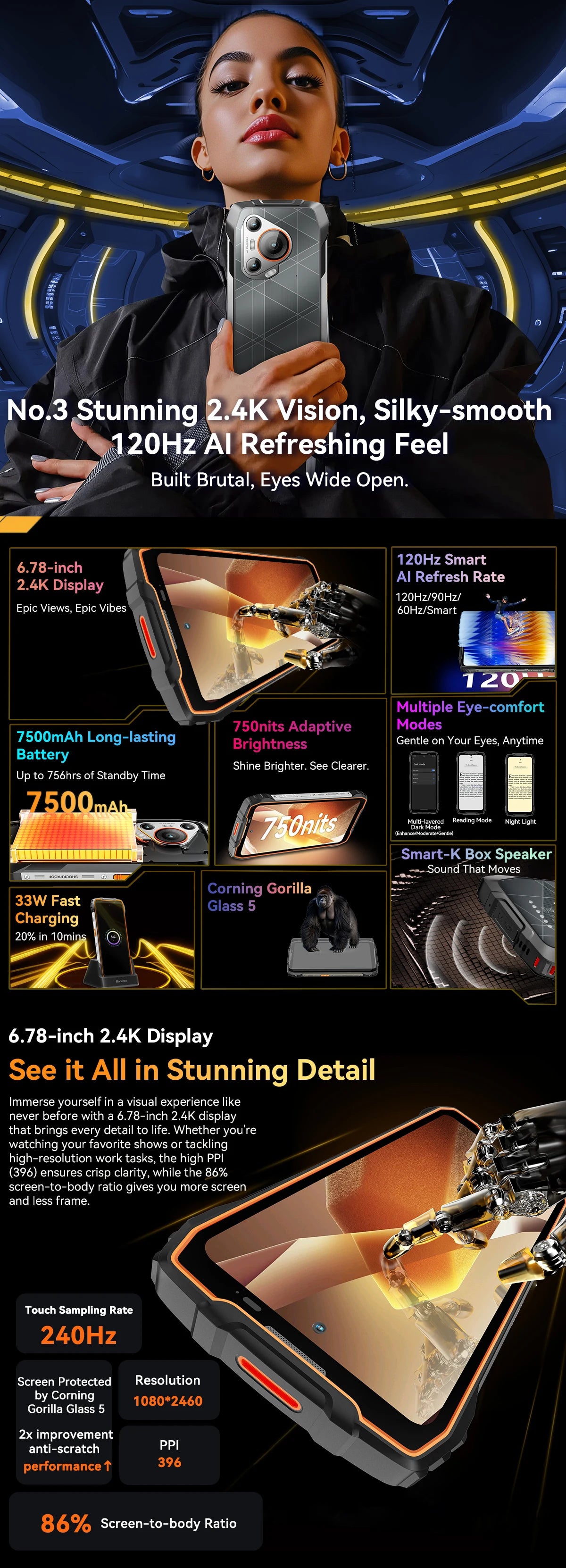 BLACKVIEW BL7000 5G AI Rugged Phone Deepseek GPT Android 15 Smartphone, 6.78" HD+2.4K Display 120Hz, 24(8+16)GB 256GB, 7500Amh