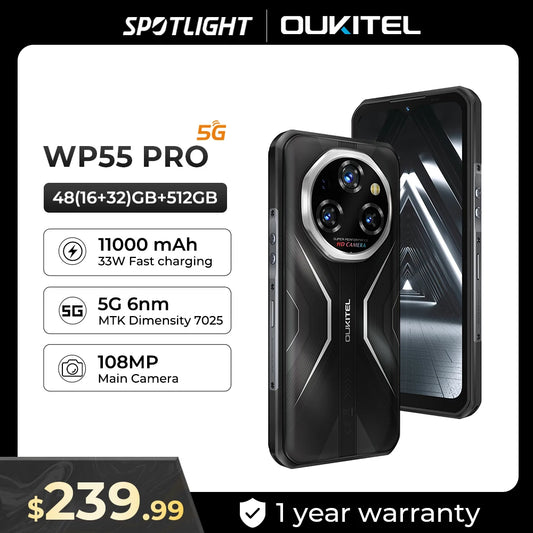 Oukitel WP55 Pro 11000mAh Rugged Smartphone 5G 11000mAh 48GB+512GB Andiron 15 64MP 33W Fast Charging NFC Cell Phone