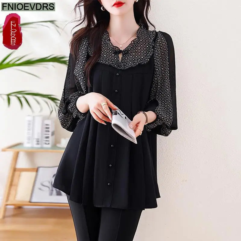 Loose Clothes Women 2024 Autumn Elegant Office Lady Casual Button Shirts Fake Two Piece Retro Vintage Bling Tops Blouses
