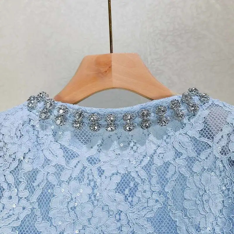 Luxury Lace Long Dress 2 Piece Sets Women 2025 Summer Holiday Hollow Out Embroidery Crystal Beaded Jackets Tops Maxi Skirt Suits