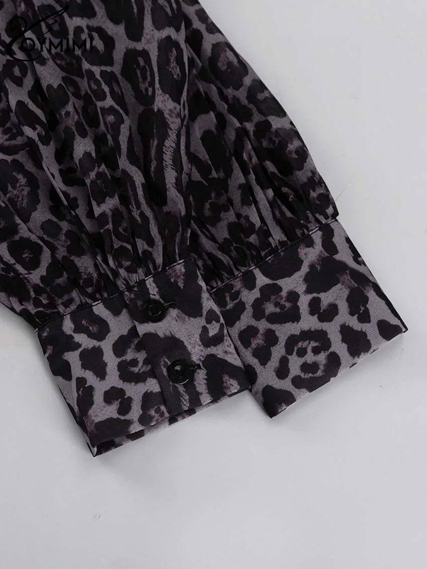 Oymimi Fashion Brown Leopard Print Women's Dress Elegant Long Sleeve Buton Lace-Up Dresses Casual Cascading Ruffle Mini Dresses