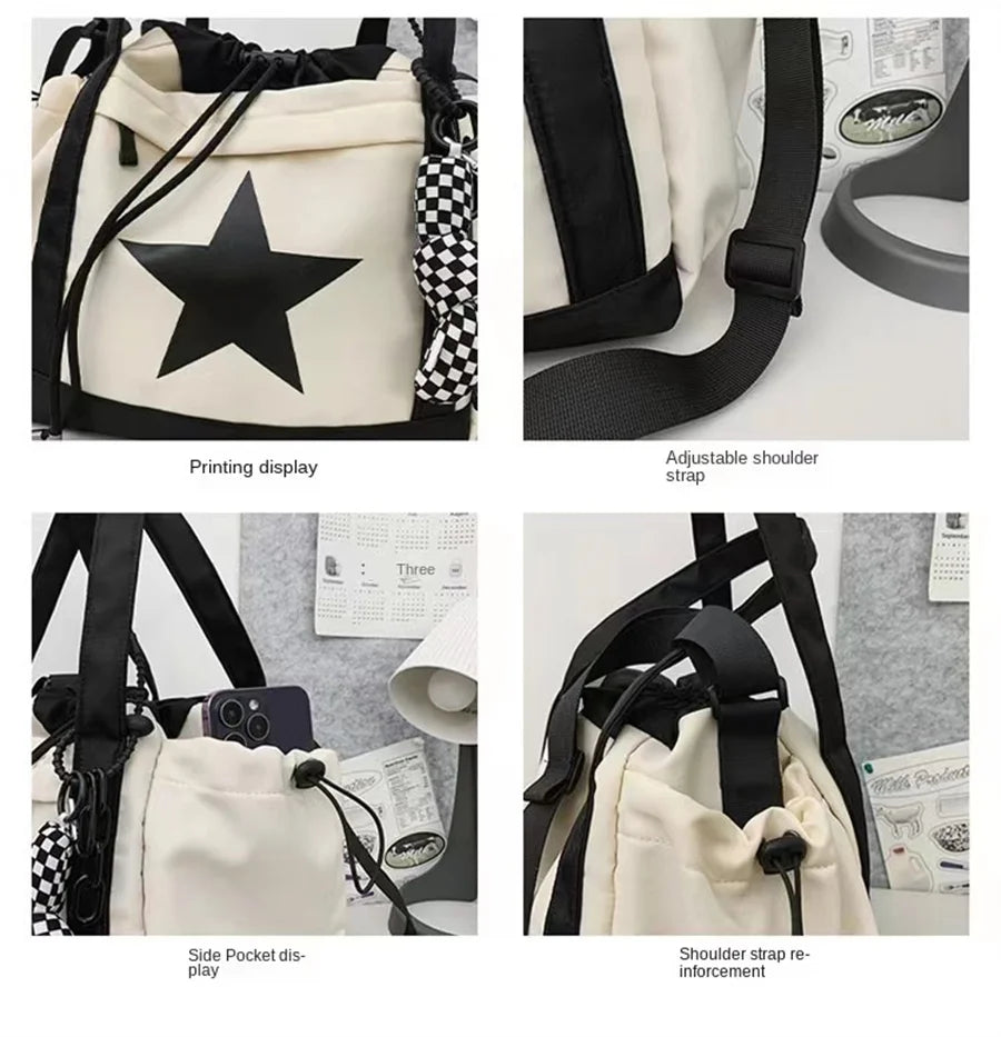 Personality Women Crossbody Bag Y2K Style Large Capacity Couple Shoulder Bag New Casual Nylon Tote Bag Luxury Drawstring Handbag