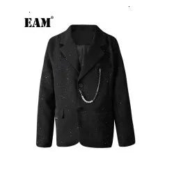 EAM Black Color-block Sequins Big Size Blazer Women New Lapel Long Sleeve Jacket Fashion Tide Spring Autumn 2025 CPG1490