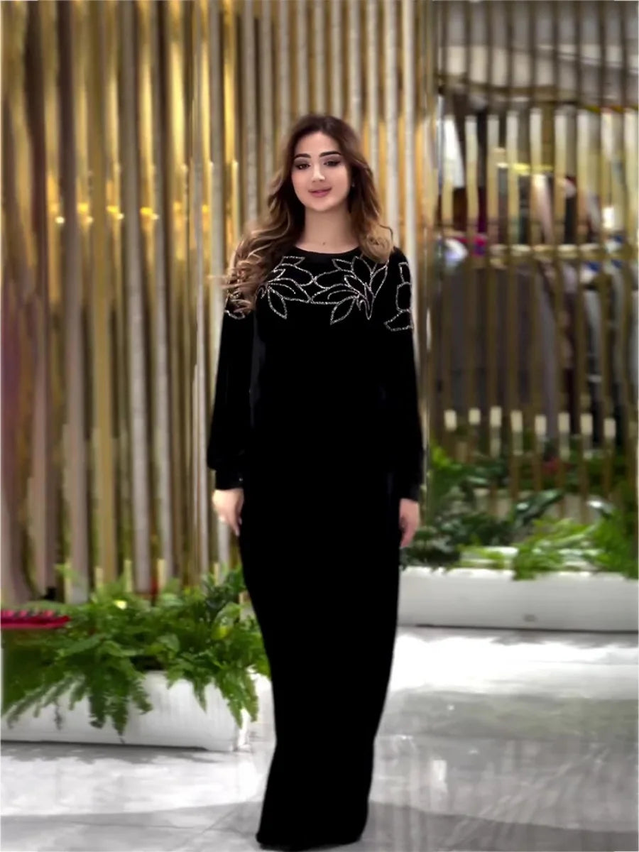 Eid Muslim Party Dress for Women Abaya Spring Velvet Diamond Dresses Ramadan Belt Vestidos Largos Dubai Robe Jalabiya 2024