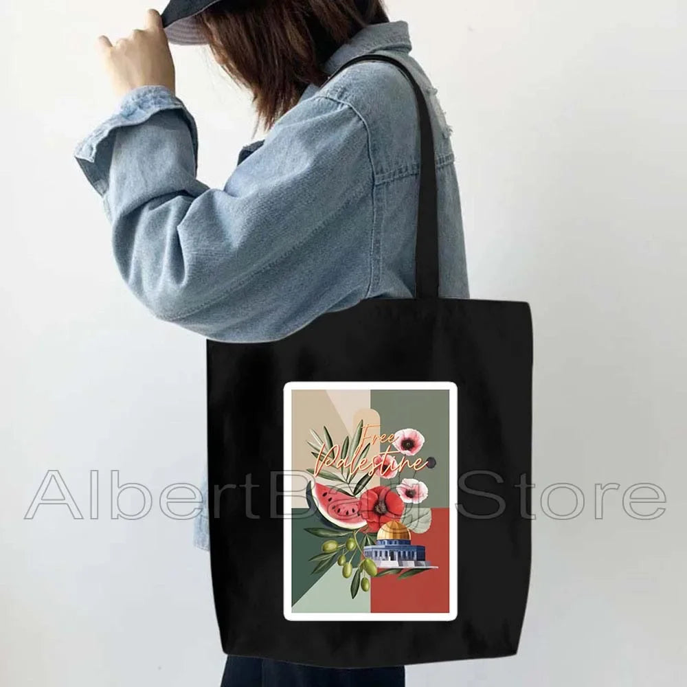 Peace Gifts Al Aqsa Keffiyeh Canvas Tote Bags Olive Tree Jerusalem Dome of The Rock Shopping Fashion Shoulder Organizer Handbag