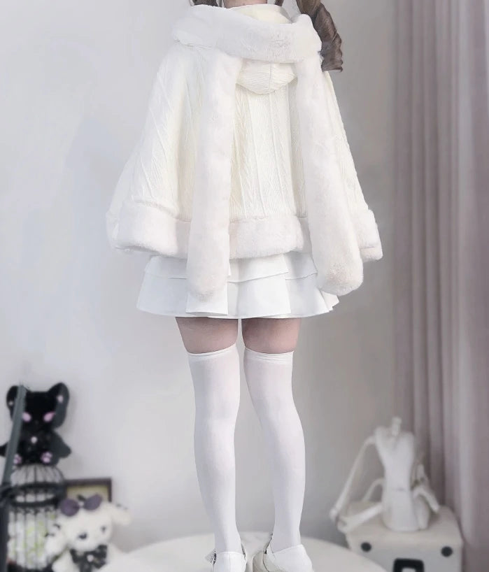 Japanese Style New Winter Mass Production Mine Series Velvet Rabbit Ear Cape Sweet Bow Knitted Furry Cloak Warm Jacket Coat