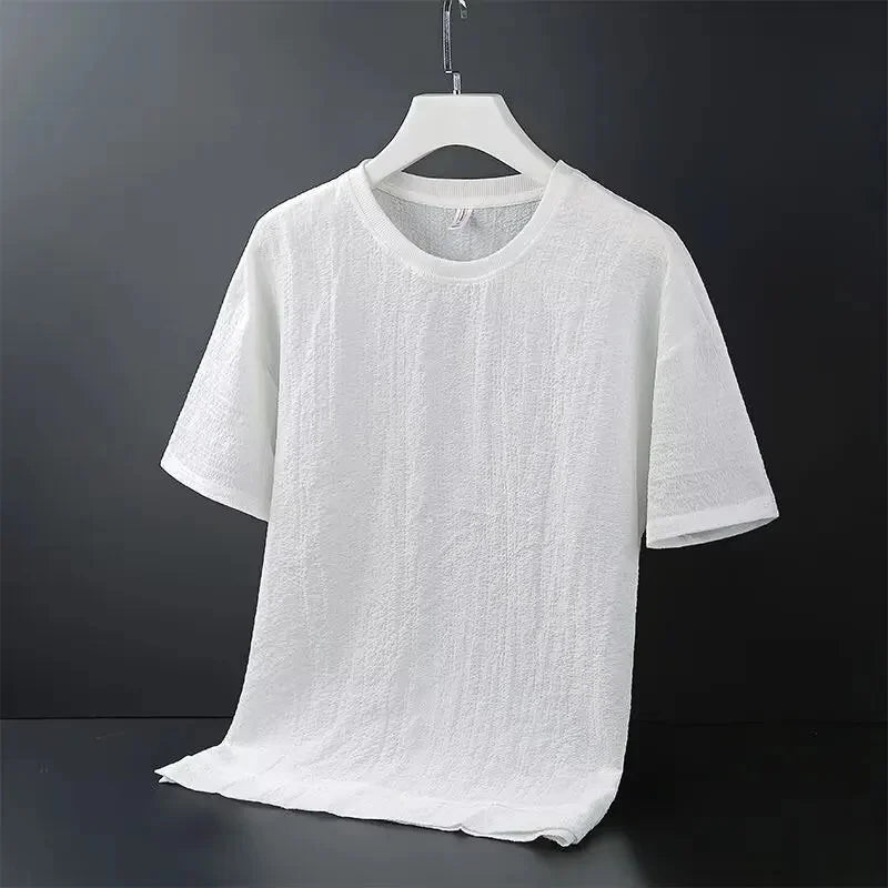 冰絲男士夏季新款短袖休閒運動套裝V領半袖T卹配褲子兩件套薄款衣服